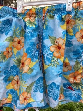 Tommy Bahama Blue Floral Swim Trunks with Orange Hibiscus